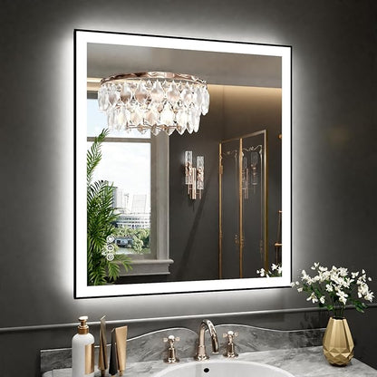 WTTY 32"X36" LED Bathroom Mirror with Black Frame, Bathroom Vanity Mirror with Lights for Wall, Front Light and Backlit, Anti-Fog, Dimmable, 3 Colors, Shatterproof, Memory, Horizontal/Vertical