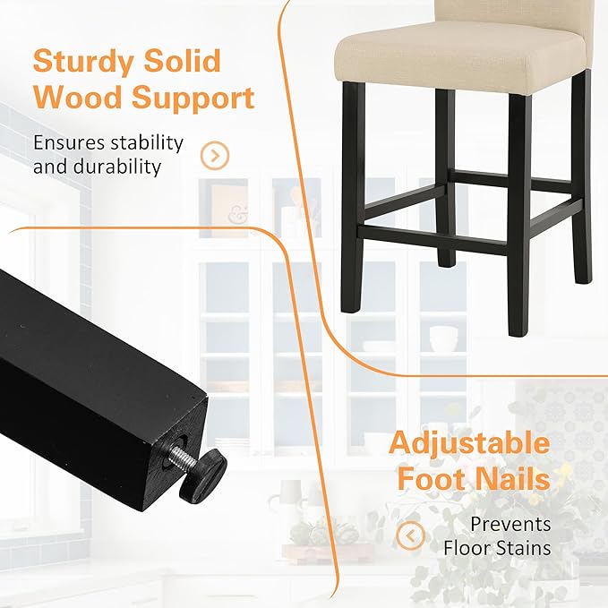 LSSPAID Counter Height Bar Stools Set of 4, 24.8 Inch Upholstered Fabric Barstools, Modern Kitchen Island Chairs with Backrest and Solid Wood Legs, Beige