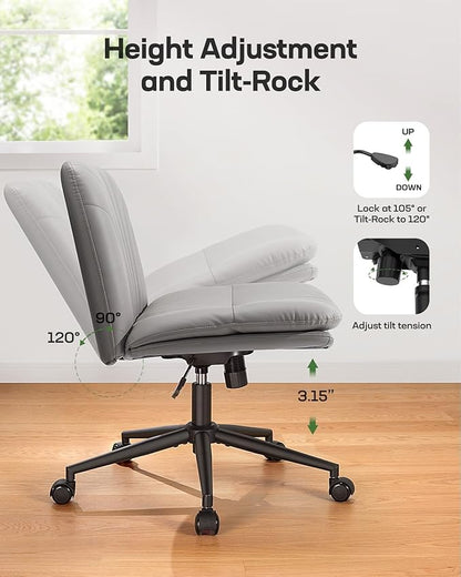 Marsail Armless-Office Desk Chair with Wheels: PU Leather Cross Legged Wide Chair,Comfortable Adjustable Swivel Computer Task Chairs for Home,Office,Make Up,Small Space,Bed Room, Grey