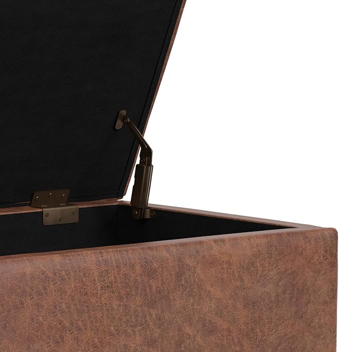 SIMPLIHOME Shiloh 26 inch Wide Transitional Contemporary Small Storage Ottoman in Distressed Saddle Brown Vegan Faux Leather, Assembled, for The Living Room, Entryway and Family Room