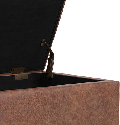 SIMPLIHOME Shiloh 26 inch Wide Transitional Contemporary Small Storage Ottoman in Distressed Saddle Brown Vegan Faux Leather, Assembled, for The Living Room, Entryway and Family Room
