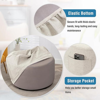 H.VERSAILTEX Ottoman Cover Round Thick Linen Look Ottoman Slipcover Round Ottoman Storage Cover Folding Stool Covers Furniture Protector Cover for Footrest Ottoman Fit Dia 24" - 26", Heather Ivory