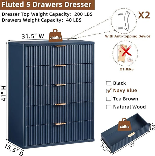 LEYAOYAO Fluted 5 Drawers Dresser for Bedroom Set of 2, 41" Tall Modern Chest of Drawers with Metal Handle, Curved Profile Design,Blue Wood Drawer Organizer for Bedroom, Living Room, Hallway