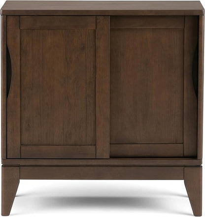 SIMPLIHOME Harper SOLID WOOD 30 inch Wide Mid Century Modern Low Storage Cabinet in Walnut Brown, with Large Space Behind 2 Sliding Notched Handle Doors with 2 Adjustable Shelves
