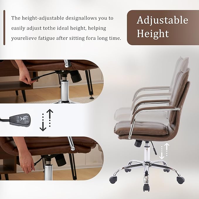 Mid-Back Ergonomic Leather Office Chair, Modern Upholstered Executive Desk Chair with Gold Frame Armrest Computer Task Chair (Brown &Silver Legs)