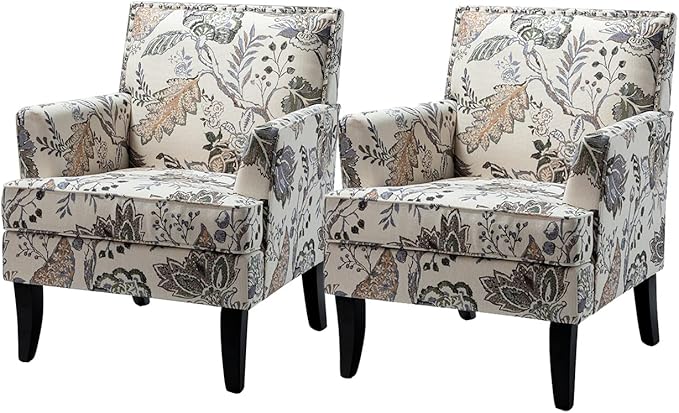 HULALA HOME Modern Accent Chairs Set of 2, Farmhouse High Back Floral Chairs with Wooden Legs & Nail Head Trim, Comfy Upholstered Armchairs for Living Room/Bedroom (Orange Grey Floral)