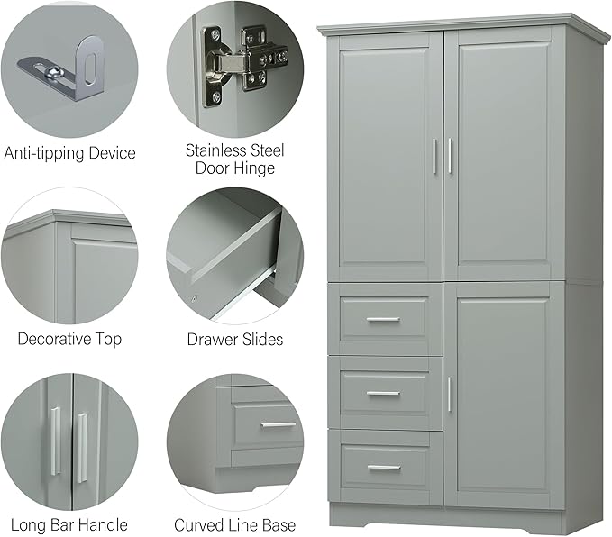 Merax 62.2" Wide Storage Cabinet Pantry Cupboard with Doors and Drawers for Home Kitchen, Bathroom and Living Room, Adjustable Shelf, White
