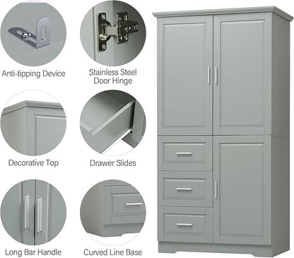 Merax 62.2" Wide Storage Cabinet Pantry Cupboard with Doors and Drawers for Home Kitchen, Bathroom and Living Room, Adjustable Shelf, White