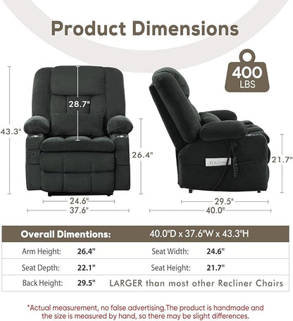 ABCASA Oversized Dual Motor Lay Flat Power Lift Massage Recliner Chair Set of 2 for Elderly with Heat for Living Room, Lift Chairs Recliner with Lumbar Pillow, Cup Holder - Grey