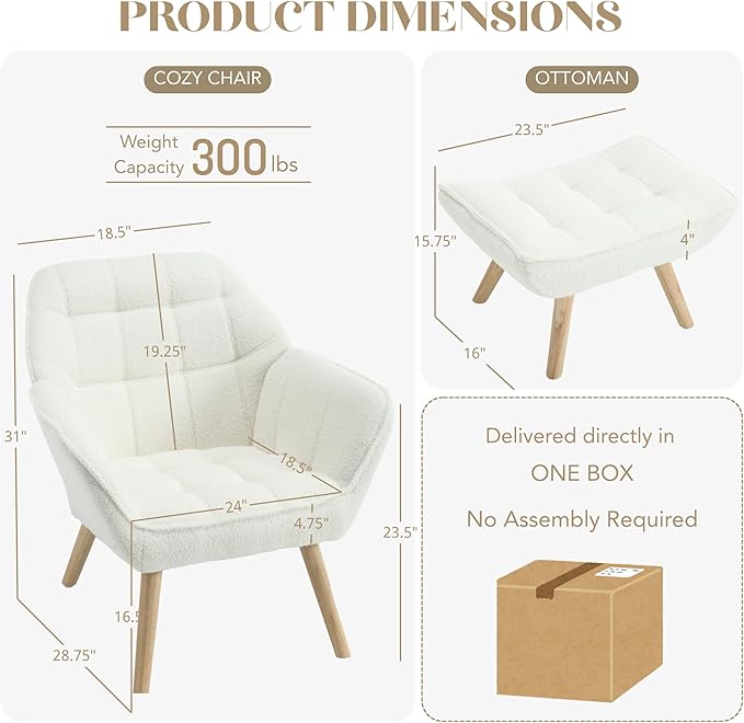 Small Accent Chair with Ottoman, Sherpa Upholstered Lounge Chair with Footrest, Comfy Reading Armchair with Wood Legs for Living Room Bedroom, White
