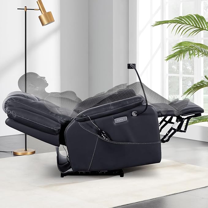Zero Gravity Power Recliner Chairs for Adults 139°Single Sofa Chair Massage and Lumbar Heating with USB Port, Phone Holder, Side Pocket, Eco Leather(Black)
