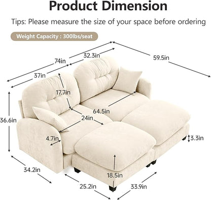 74" Loveseat U Shaped Couch with 2 Ottoman, Comfy Chenille Fabric Cloud Sectional Couch, Modern Upholstered Deep Seat Sofas with Armrest Pillow, Cloud Sofa for Small Spaces Apartment, Beige