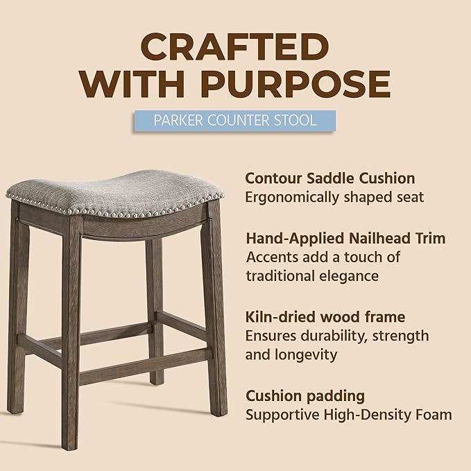 ROME + OAK Set of 4 Parker 26 Inch Counter Stool, Backless Saddle Kitchen Barstool in Walnut Finish with Grey Fabric Upholstery Cushion Seat