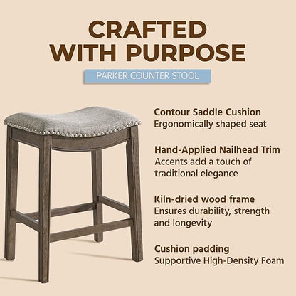 ROME + OAK Set of 3 Parker 26 Inch Counter Stool, Backless Saddle Kitchen Barstool in Walnut Finish with Grey Fabric Upholstery Cushion Seat