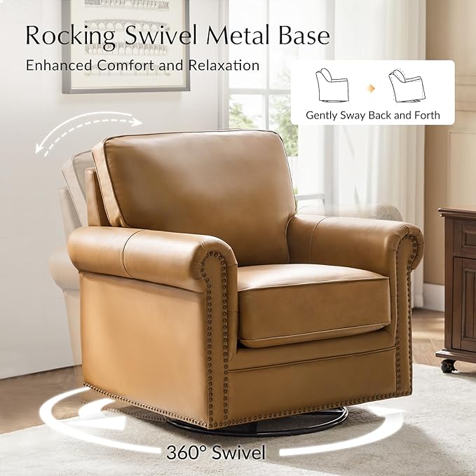 HULALA HOME Swivel Accent Chair Genuine Leather Barrel Rocker Chair with Metal Base Transitional Armchair Padded Round Armrest, Camel