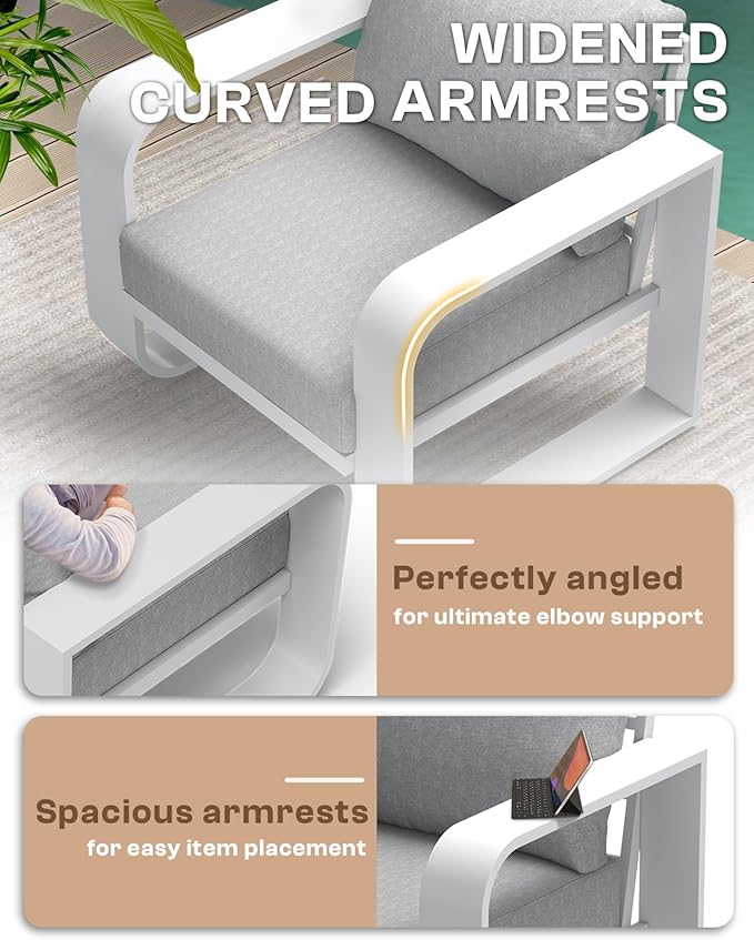 Aluminum Outdoor Patio Furniture Set 4 Piece, Oversized Patio Conversation Sets Widened Armrest & Ultra-Thick Cushions, Deep Seating Modern Sectional Furniture for Backyard, Deck, White