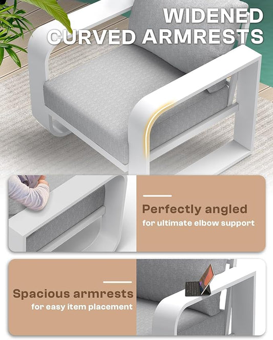 Aluminum Outdoor Patio Furniture Set 4 Piece, Oversized Patio Conversation Sets Widened Armrest & Ultra-Thick Cushions, Deep Seating Modern Sectional Furniture for Backyard, Porch, White