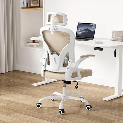 Farini Ergonomic Office Chair, Home Office Desk Chair with Headrest, High Back Computer Chair with Armrests and Adjustable Lumbar Support for Home Office Study Room, White & Khaki