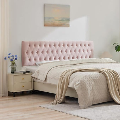 Kingfun Tufted Upholstered Queen Size Bed Headboard in Modern Button Design, Adjustable Solid Wood Head Board, Premium Velvet Fabric Padded Headboards in Bedroom (Pink)