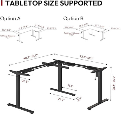 SANODESK Electric Height Adjustable 3-Leg L Shaped Standing Desk Frame, Support up to 220lbs, Sit Stand Ergonomic L Desk Frame Only, Black