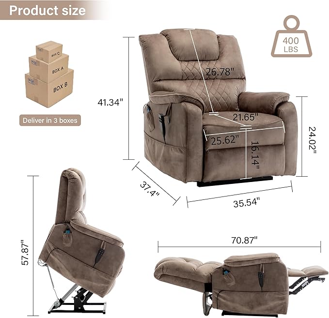 Power Lift Recliner Chair Recliners for Elderly,Lay Flat Velvet Tufted Recliner with Heat and Massage,Dual Motor Lounge Recliners for Living Room