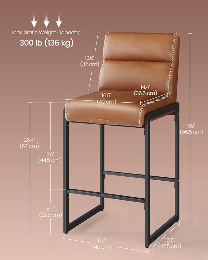VASAGLE EKHO Collection - Bar Stools Set of 2, Counter Height Stools with Backs, 26.4-Inch Barstools Chairs, Synthetic Leather with Stitching, Mid-Century Modern, Dining Kitchen Island, Caramel Brown