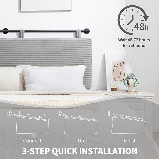 UEV Queen Headboard Only, Wall Mounted Hanging Upholstered Bed Head Board, Modern Vertical Channel Design of Fine Flannel, Elegant Grey Fluted Headboard for Bedroom (Grey, Queen Size)
