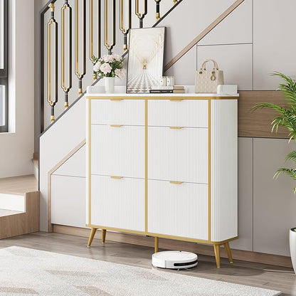 Fluted Shoe Cabinet Storage, Freestanding Hidden Shoe Organizer with 4 Flip Drawers & 2 Drawers, Wood Narrow Shoe Rack Cabinet with Adjustable Shelves for Entryway, Foyer, Hallway, White