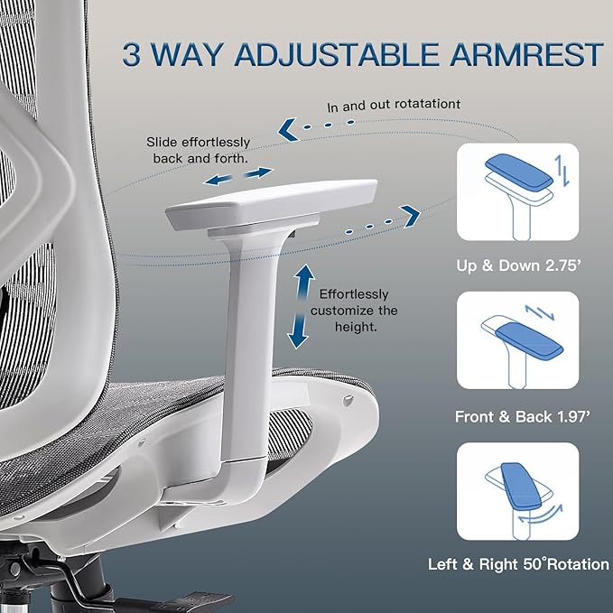 Ergonomic Office Chair with Lumbar Support, 3D Adjustable Armrest, Mesh Home Office Desk Chairs, Swivel Computer Chair, High Back Reclining Executive Office Chair,400lbs Capacity (Grey)