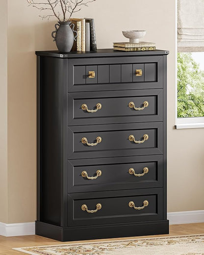 AOGLLATI Farmhouse 5 Drawers Dresser for Bedroom, 48” Tall Wood Rustic Chest of Drawers with Natural Texture, Vintage Design, Black Storage Dresser for Bedroom, Black