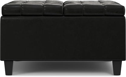 SIMPLIHOME Harrison 30 inch Wide Transitional Square Small Coffee Table Storage Ottoman in Midnight Black Vegan Faux Leather, Assembled, for The Living Room and Bedroom