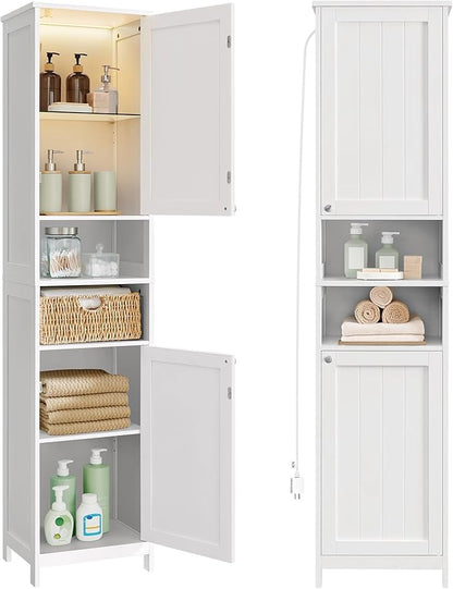 VASAGLE Tall Storage Cabinet with Lights, Slim Freestanding Cabinet with Adjustable Shelves, for Small Spaces, Bathroom, Living Room, Modern, 15.7 Inches Wide, Cloud White UBBC766W02