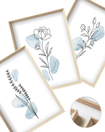 HesenDot Framed Blue Floral Canvas Wall Art,Minimalist Botanical Wall Art Decor,12x16IN Wood High Framed Prints,Boho Flowers Artworks Prints Posters for Living Room,Kitchen,Bedroom Set of 3