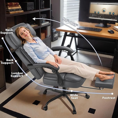 400lbs Office Chair with Foot Rest, Ergonomic Big and Tall Office Chair with Adjustable Headrest, High Back PU Leather Computer Chair,Comfy Heavy Duty Office Desk Chair (Classic Grey)