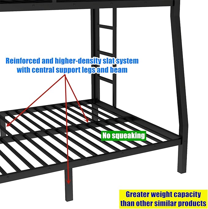 Higher Quality & Stronger Heavy Duty Industrial Style Metal Full XL Over Queen Bunk Bed, Thickened More Stable Black Steel Bunkbed Bunk Queen Bed (Easier to Assemble) (Full XL Over Queen)