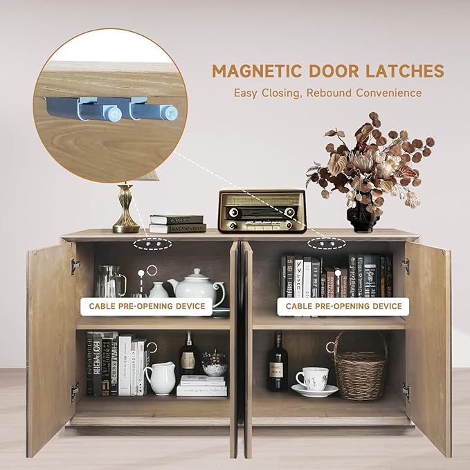 LKTART 59" Sideboard Buffet Cabinet Retro Accent Storage Cabinet with Magnetic Door Latches Adjustable Shelf for Living Room Kitchen(Natural)