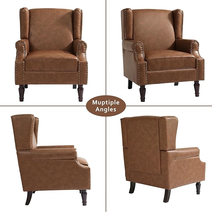 Lumibee Accent Chair, Faux Leather High Back Armchair or Living Room, Comfy Upholstered Single Sofa Reading Chair with Solid Wood Legs for Office, Bedroom, Waiting Room-Brown