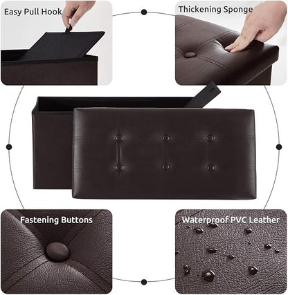 YOUDENOVA 30 inches Folding Storage Ottoman, 85L Storage Ottoman Bench for Living Bedroom and Hallway, Faux Leather Brown Footrest with Foam Padded Seat, Brown