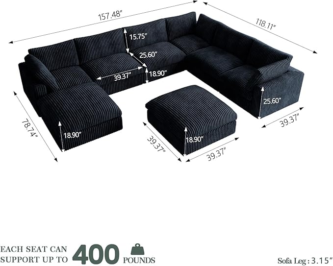 Cloud Modular Sectional Sofa Couch, 8 Seater Oversized Couch, 157.4" U-Shaped Convertible Couches with 2 Ottomans, Deep Sofa Couches for Living Room, Washable & Replaceable Covers, Black