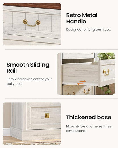 AOGLLATI Farmhouse 5 Drawers Dresser for Bedroom, 48” Tall Wood Rustic Chest of Drawers with Natural Texture, Vintage Design, Black Storage Dresser for Bedroom,Antique White