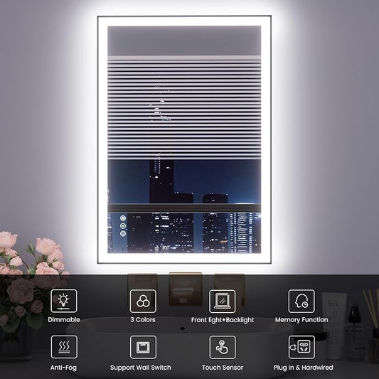 WTTY 24"X32" LED Bathroom Mirror with Black Frame, Bathroom Vanity Mirror with Lights for Wall, Front Light and Backlit, Anti-Fog, Dimmable, 3 Colors, Shatterproof, Memory, Horizontal/Vertical