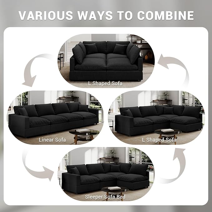 Linen Sleeper Sofa Bed,Modern Sectional Sofa Couch for Living Room,67 Inch Cloud Couches Cushion Covers Removable,Cozy Feather Down Sofa for Apartment Black