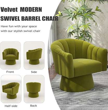 Swivel Accent Chair,Upholstered Velvet 360° Swivel Barrel Chair for Living Room Overstuffed Bouncle Reading Chair Round Armchair for Bedroom,Vanity,Office(Grass-Green)