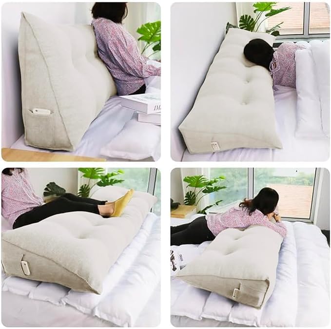WOWMAX Headboard Pillow Queen Triangular Bed Wedge Pillow for Headboard Large Bolster Pillow for Bed with Removable Cover, 85% Linen 15% Cotton Blend, Pure White