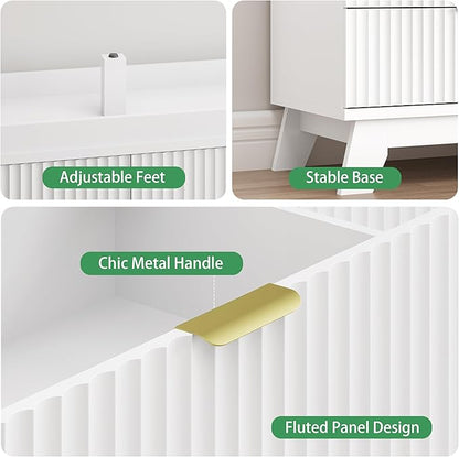 Fluted Dresser for Bedroom with 7 Drawers, 48" Wide Modern Chest of Drawers with Metal Handle, Wooden Dresser TV Stand, Wood Closet Clothes Storage Organizer for Living Room, Hallway, White