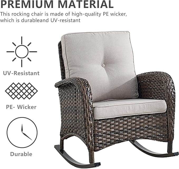HUMMUH 3-Piece Outdoor Rocking Chairs,All-Weather PE Wicker Patio Rocker Chairs Bistro Set with Side Table,Porch Balcony Furniture with Cushions