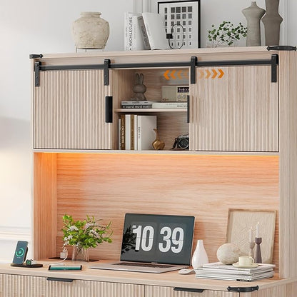Vabches 67" H Executive Desk with Fluted Drawers,4 Drawers Fluted Computer Desk with LED Light,Charging Hub,Wood Workstation with Hutch and Sliding Barn Doors for Work and Study