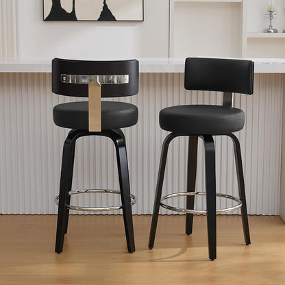 Swivel Counter Height Bar Stools Set of 2, 26" Upholstered Faux Leather Barstools with Back, Mid Century Modern Counter Stools with Black Walnut Wood Legs for Kitchen Island, Black