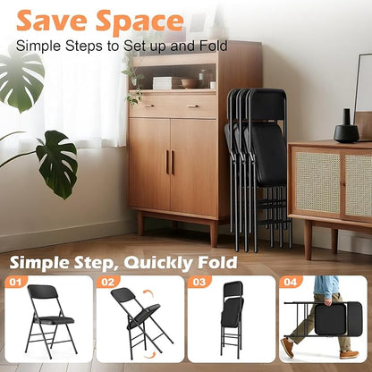 Folding Chairs 4 Pack with Padded Cushion and Back, Metal Folding Chairs with Comfortable Cushion and Durable Steel Frame Capacity for Home, Office, Party and Outdoor Events (PU-Black, 4 Pack)