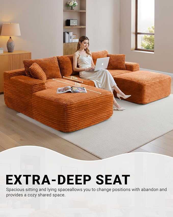 108" Cloud Sectional Couch,Modern Modular Sectional Sofa with Deep Seat,Corduroy Boneless Couches with L-Shape Chaise for Living Room,No Assembly Required (Orange, Left Facing Chaise + Ottoman)